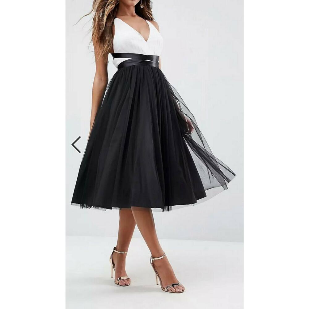 NEW ASOS PREMIUM WHITE BLACK TULLE MIDI DRESS RIBBON TIES US SIZE 14 UK 18